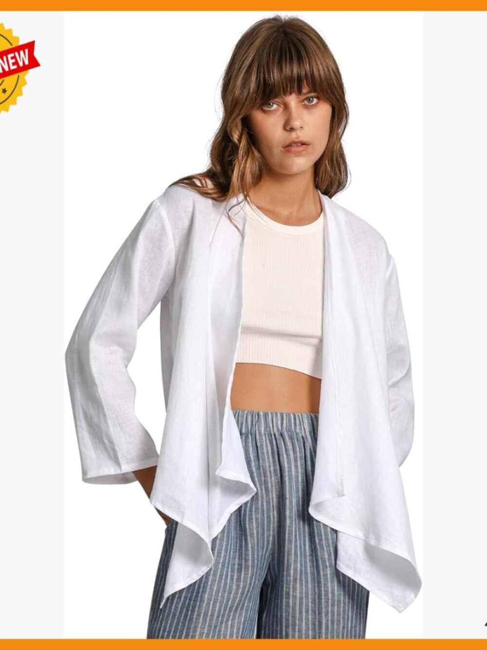 100% Linen Draped Open Cardigan Asymmetric Top Relaxed Fit Medium